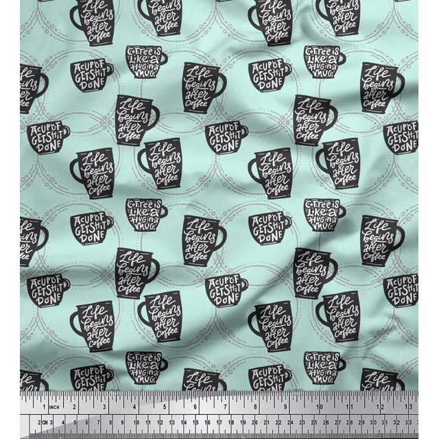 Soimoi Green Velvet Fabric Life Begins After Coffee Text Printed Craft Fabric by the Yard 58 Inch Wide