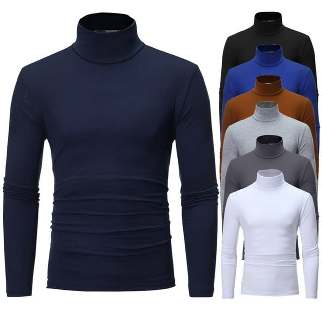 T-shirt Solid Color Long Sleeve Cotton Men Turtleneck Slim Basic Top for Spring