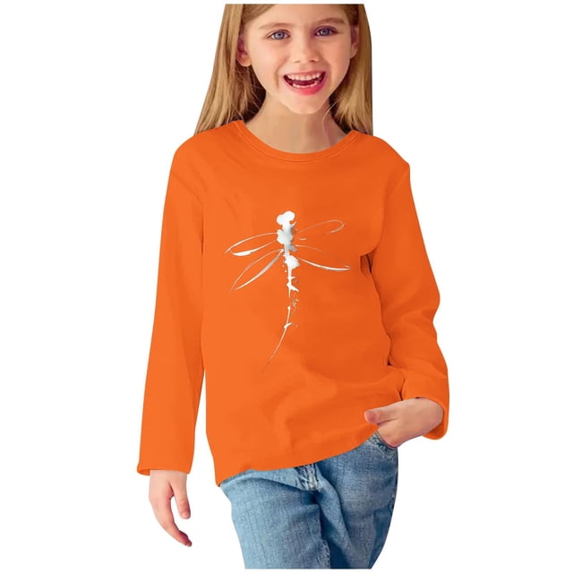 T-shirts à Manches Longues pour Filles, Col Rond, en Coton, Imprimé Libellule, T-Shirts Décontractés d'Automne et de Printemps, T-Shirts Graphiques Basiques pour Enfants (11 Ans, Orange)