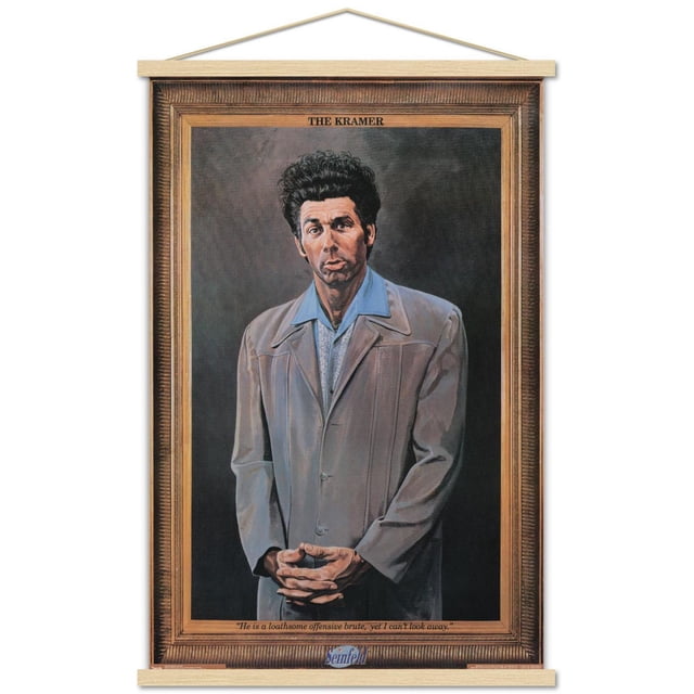 Seinfeld - Kramer Wall Poster, 22.375" x 34" featuring a framed portrait of Kramer wearing a light brown jacket over a blue collared shirt, hands clasped in front, set against a dark background with the title 'THE KRAMER' and a quote at the bottom, suitable for decorating home, office, or dorm walls.