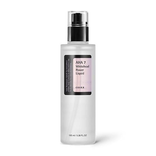 COSRX AHA 7 Whitehead Power Liquid in a frosted 100 ml bottle with black pump dispenser and clear cap, formulated with 7% glycolic acid for gentle exfoliation and brightening of dry to combination skin, ideal for daily use with sunscreen.