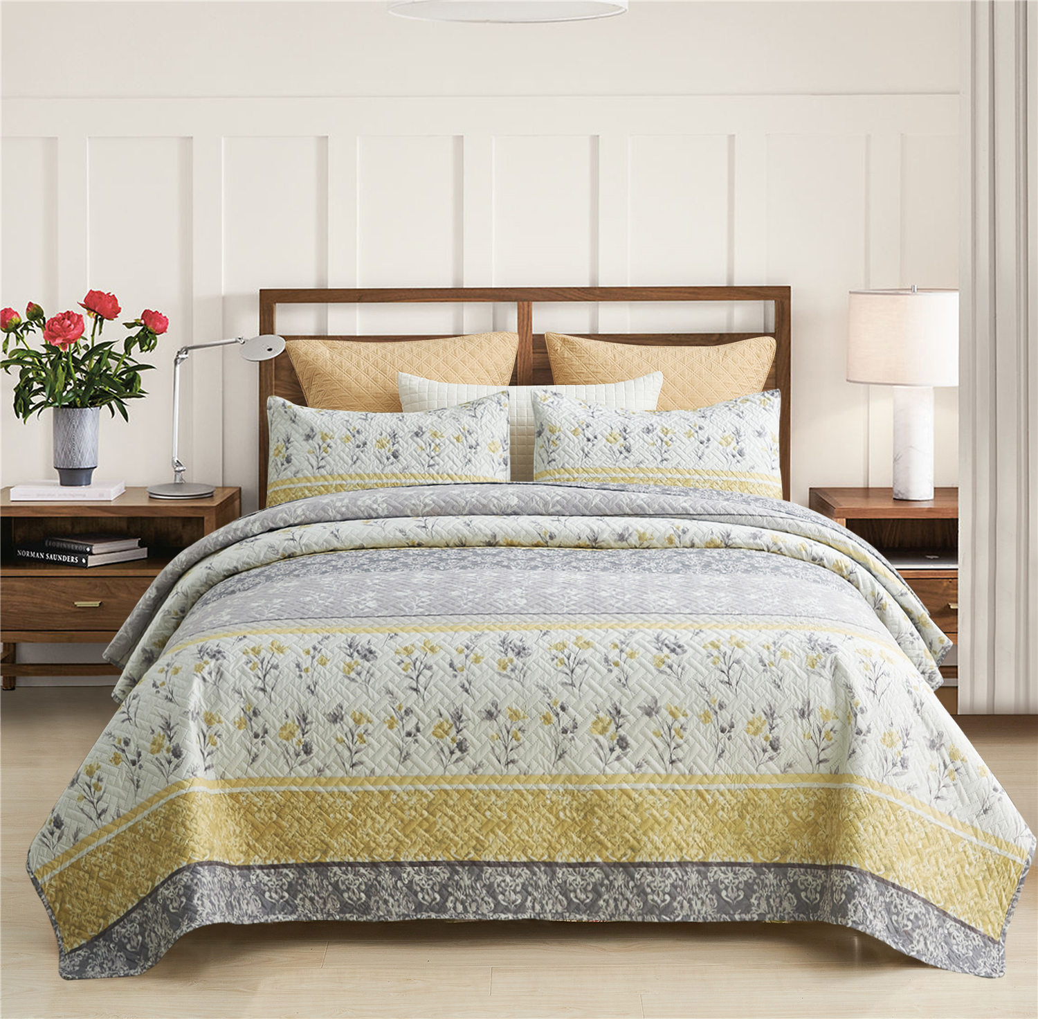 JML Quilt Set 3 Piece, Embossed Bedspread Bedding Set with 2 Shams, Queen, Grey & Yellow Floral