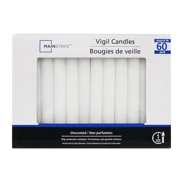 Mainstays Unscented Vigil Candles 60-pack containing white straight wax candles with cotton wicks, each 0.5 inch diameter by 4.5 inches high, including paper drip protectors, suitable for ceremonies, memorials, or ambient lighting during power outages.