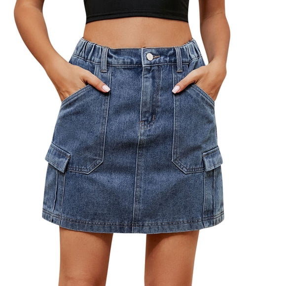 RKSTN Jean Skirts for Women Denim 2024 Elastic Waist A- Line Pockets Mini Skirt Fashion Summer Solid Color Temperament Skirts