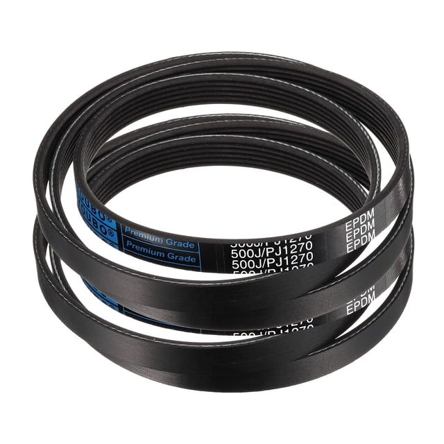 2 Pack 500J6 PJ V-Ribbed Belt with 6 ribs, measuring 50 inches in length, 0.55 inches in width, and 0.14 inches in height. Made of EPDM rubber, these belts are designed for high-temperature resistance, oil resistance, and wear resistance. The belts feature a multi-rib design for enhanced traction, speed transfer, and load distribution. Suitable for industrial machinery, appliances, and power tools such as compressors, pumps, drills, and saws.
