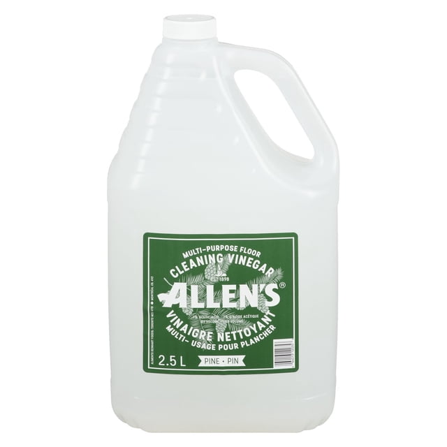 Allen's Pine Scented Floor Cleaning Vinegar 2.5L in a translucent plastic jug with white screw cap and handle, featuring a green label describing extra strength multi-purpose floor cleaning vinegar with natural pine scent, safe for family use and household cleaning.