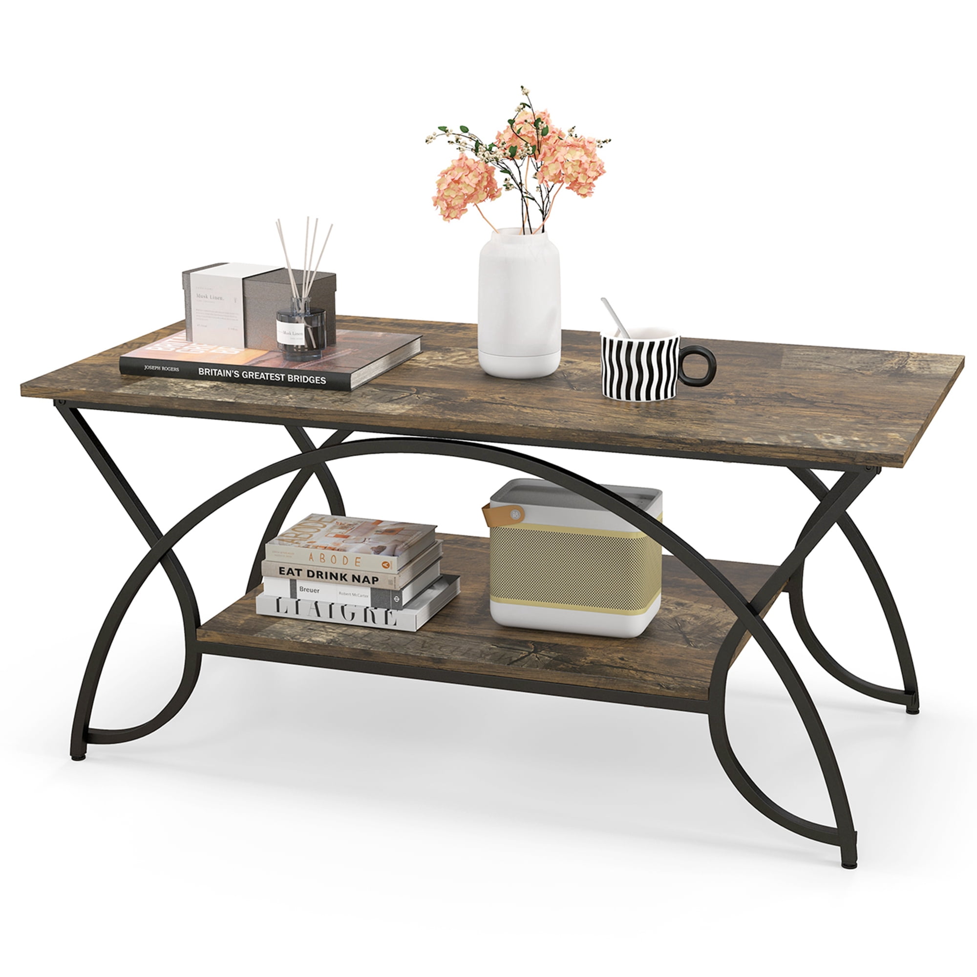 Costway 2-Tier Industrial Coffee Table Rectangular Cocktail Table with Storage Shelf Dark Brown