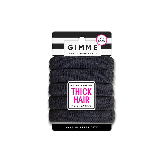 GIMME Bandes pour Cheveux Épais, Noir, 5 Unités avec Cinq Bandes Élastiques Noires Superposées sur un Emballage de Marque avec Étiquettes pour une Tenue extra Forte, Sans Accroc, Sans Casse et une Rétention d'Élasticité, Idéal pour Maintenir Solidement les Cheveux Épais Sans Causer de Dommages.