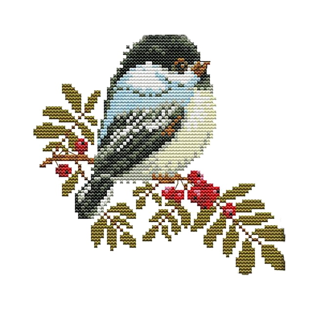 GUOOL Stamped Embroidery Cross Stitch Kits Beginner Needlecrafts-Little Birds 14CT. A completed cross-stitch design featuring a small bird perched on a branch with green leaves and red berries. The kit includes pre-printed embroidery cloth, pre-sorted thread, two needles, and instructions. Suitable for beginners and DIY home decor projects. Dimensions: 14CT size approximately 19 x 19 cm (7.48 x 7.48 inches).