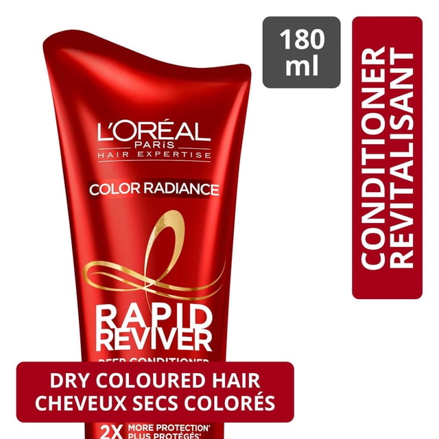 L'Oréal Paris Hair Expertise Color Radiance Conditioner Rapid Reviver in a 180 ml red tube with gold and white text, formulated for dry coloured hair to provide 2x more protection and revive shine in 60 seconds, also suitable as a rapid conditioning treatment.