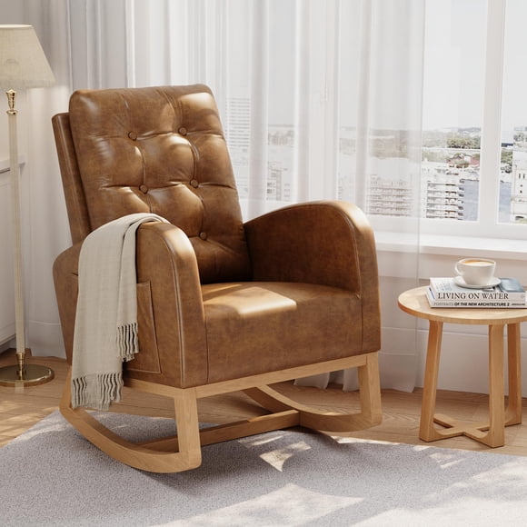 GOGRANT Rocking Chair Nursery Glider, Upholstered High Back Rocker with Adjustable Footrest & Sturdy Wood Frame, Comfortable Accent Armchair for Living Room Bedroom Home