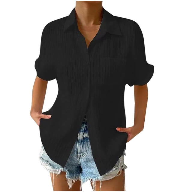 Besolor Womens Plus Size Button down Shirts Collared Short Sleeve Textured Summer Casual Tops Blouse with Pocket