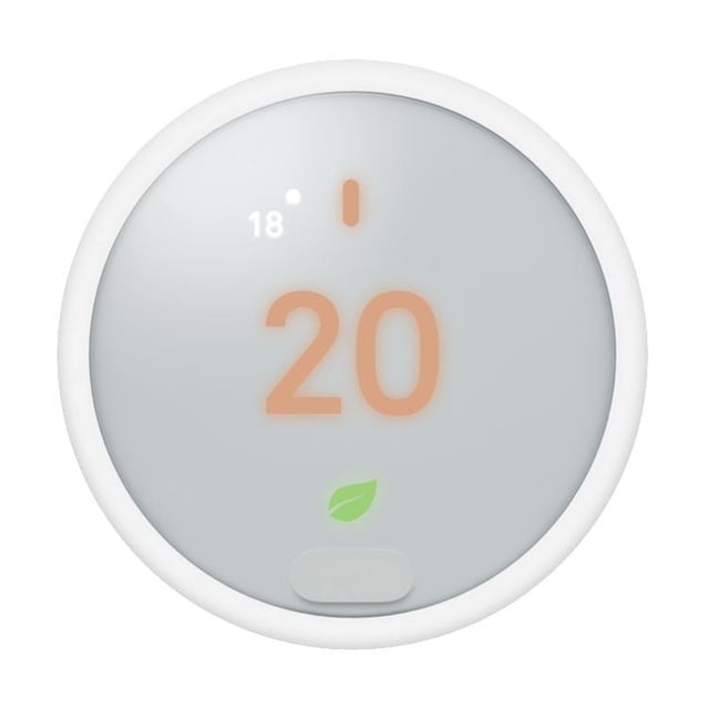 Google Nest Thermostat E with white circular frame and frosted display showing 20°C set temperature, green leaf icon for energy-saving mode, and 18°C ambient temperature, designed for smart home heating and cooling control with app connectivity.