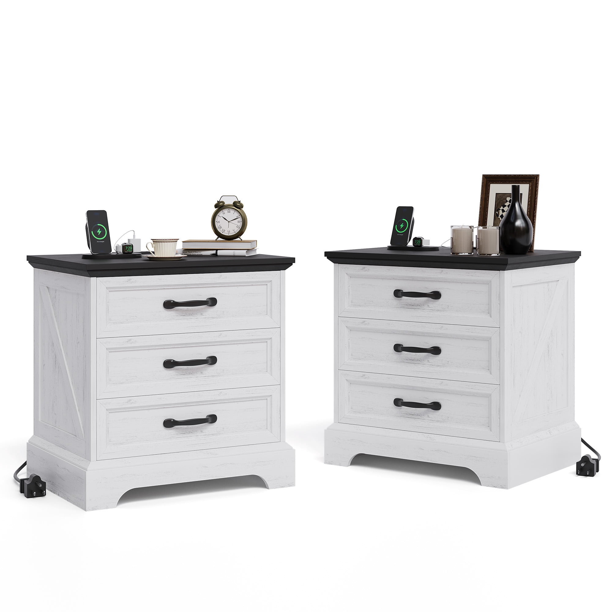Garvee Nightstand Set of 2 with Charging Station & 3 Drawers, Modern Farmhouse Bedside Table for Bedroom, White