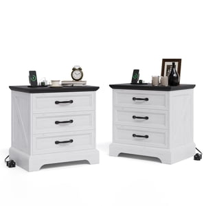 Garvee Nightstand Set of 2 with Charging Station & 3 Drawers, Modern Farmhouse Bedside Table for Bedroom, White