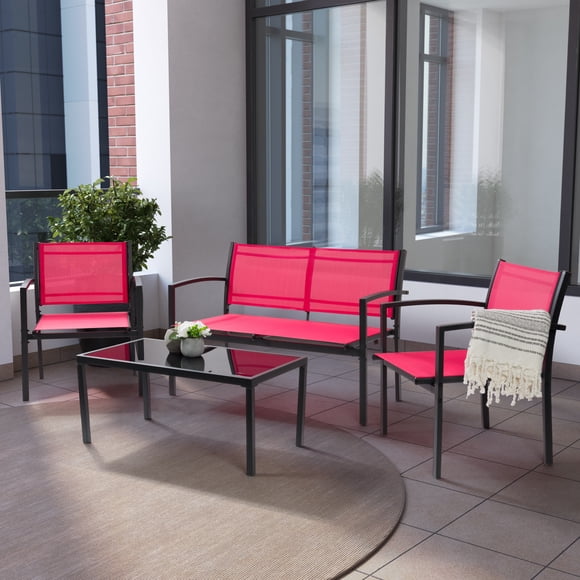 Ensemble de conversation d'extérieur CorLiving Everett 4 pièces, structure en acier résistant aux intempéries, avec sièges en maille, chaises, causeuse et table basse, rouge
