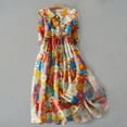 thumbnail image 2 of Pisexur Robes d'Été pour Femmes Mode Bohème à Imprimé Floral Robe Maxi Tunique Décontractée Taille Élastique Robe Soleil Col Rabattu Boutonnée Longue Robe Manches 3/4 Col en V Fluide Coton Lin Robe de Plage, 2 of 3