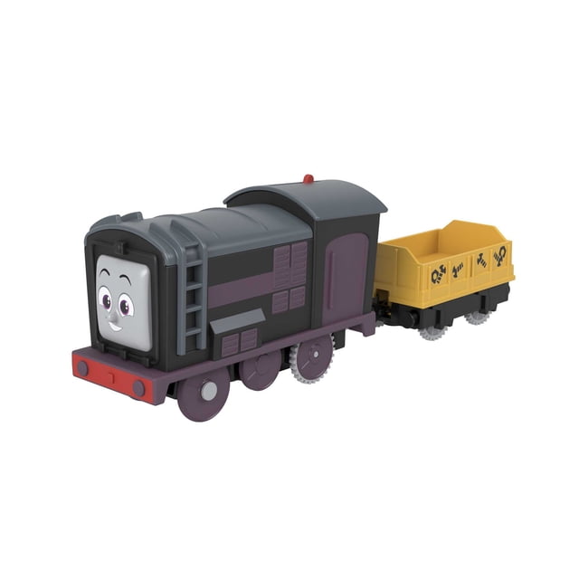 Thomas et ses amis Diesel Train-Jouet Motorisé avec un Moteur Noir et Gris Foncé Montrant un Visage Souriant, des Roues Violettes et un Pare-Chocs avant Rouge, Attaché à un tender cargo Jaune avec des Symboles de Danger Noirs, Conçu pour les Enfants d'Âge Préscolaire et compatible avec les Rails Thomas et ses amis sauf en Bois.