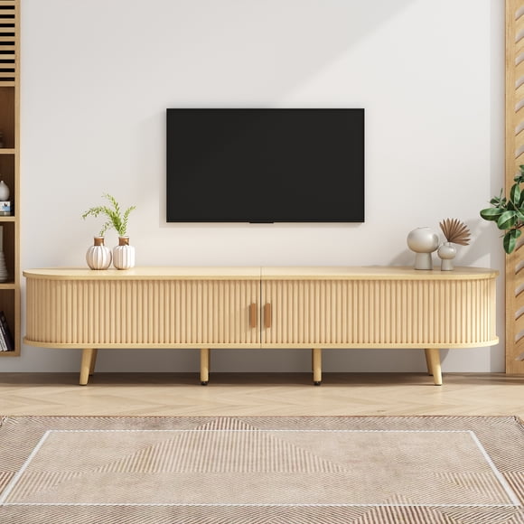 TV Stand with 2 Drawer, 2 Sliding Doors, Oval TV Cabinet Storage with Rounded Corners, Media Console, TV Entertainment center for livingroom bedroom,68.9*15.7*16.5 inches, Wood Color, for 75inch TV
