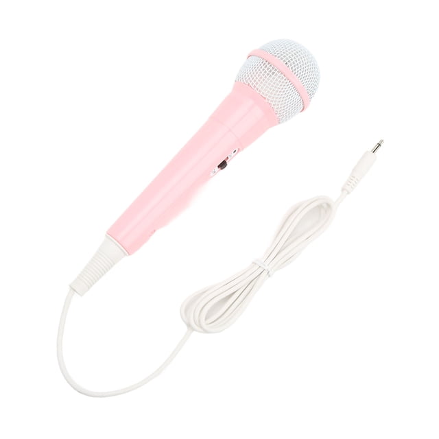 Kids Wired Microphone with a 3.5mm plug, featuring a pink plastic body and a silver mesh head. Designed for low distortion and clear sound output, it is suitable for children to sing and perform. The microphone includes a long white cable for easy connectivity to musical instruments or audio devices. Ideal for family parties and educational activities.