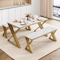 thumbnail image 2 of Kojooin Dining Table Bench Set for 4 – Rectangular Kitchen & Dining Room Table with Faux Marble MDF Top, Sturdy X-Shaped Metal Frame, 2 of 7