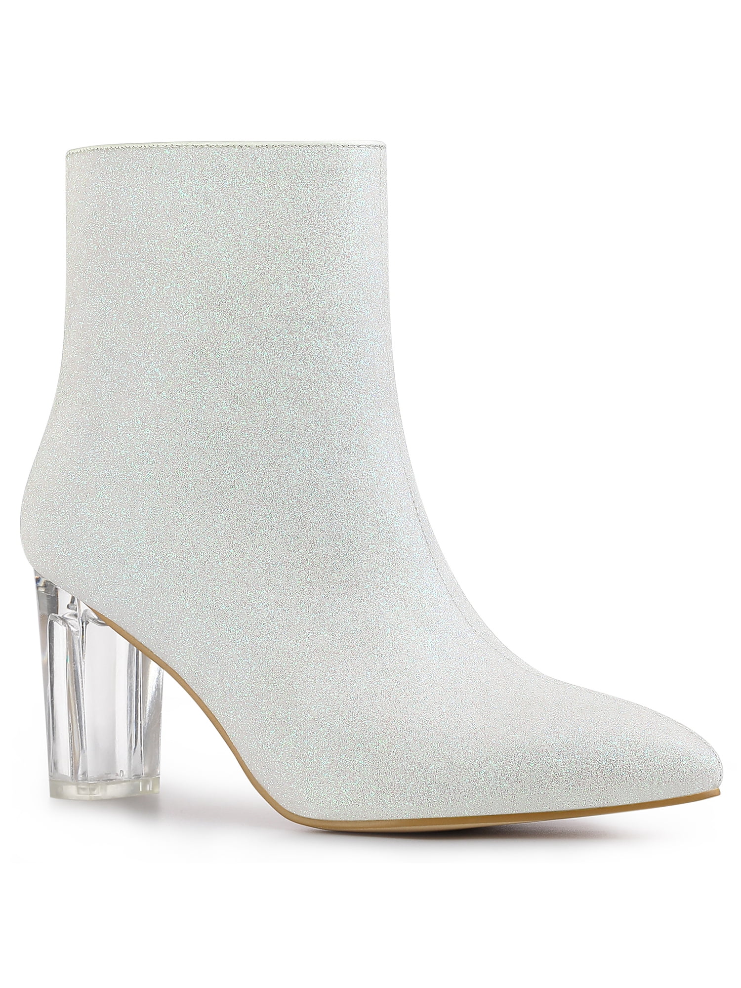 Unique Bargains Women's Clear Block Heel Glitter Ankle Boots White (Size 7)