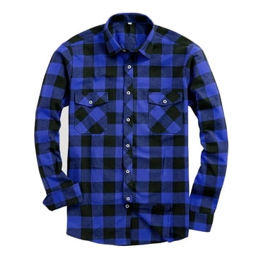 Ediodpoh Autumn New Men's Plaid Shirt Double Pocket Flannel Casual Plaid Shirt Shirts for Men Blue XXXL