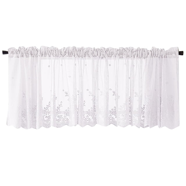 Meitianfacai Woven Textured Valance for Bathroom Water Repellent Window Covering. This lace valance features a delicate floral print with crochet detailing, providing a lightweight and breathable design. Measuring approximately 130 x 41 cm, it includes a rod pocket for easy installation and fits various curtain rods. The translucent material allows light to filter through while offering privacy, making it suitable for kitchens, bathrooms, bedrooms, or cafes. The white lace fabric adds an elegant touch to modern home decor.