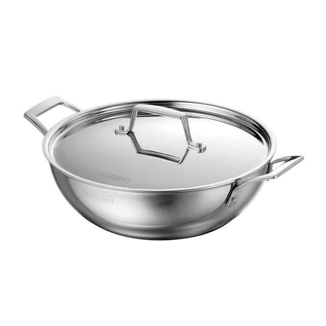 Tramontina Utsava Tri-Ply Clad Stainless Steel Covered Kadai with a mirror-polished exterior, satin-finish interior, two stainless steel handles, and a fitted lid with a secure handle, 6.25-quart capacity, compatible with all cooktops including induction and oven safe up to 500°F.
