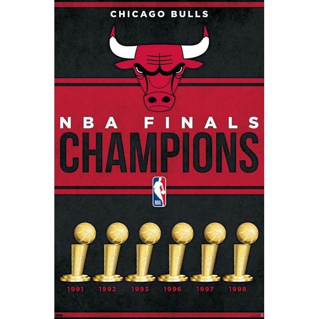 NBA Chicago Bulls - Affiche Murale des Champions 23 Présentant un logo Rouge Centré des Chicago Bulls au-Dessus d'Un Texte Audacieux Lisant des Champions des Finales NBA sur un Fond Rouge et Noir, avec six Trophées de Championnats NBA Dorés Étiquetés 1991, 1992, 1993, 1996, 1997 et 1998 Ci-Dessous, Imprimée sur du Papier d'Affiche Lustré Idéale pour une Déco Murale à Thème Sportif.