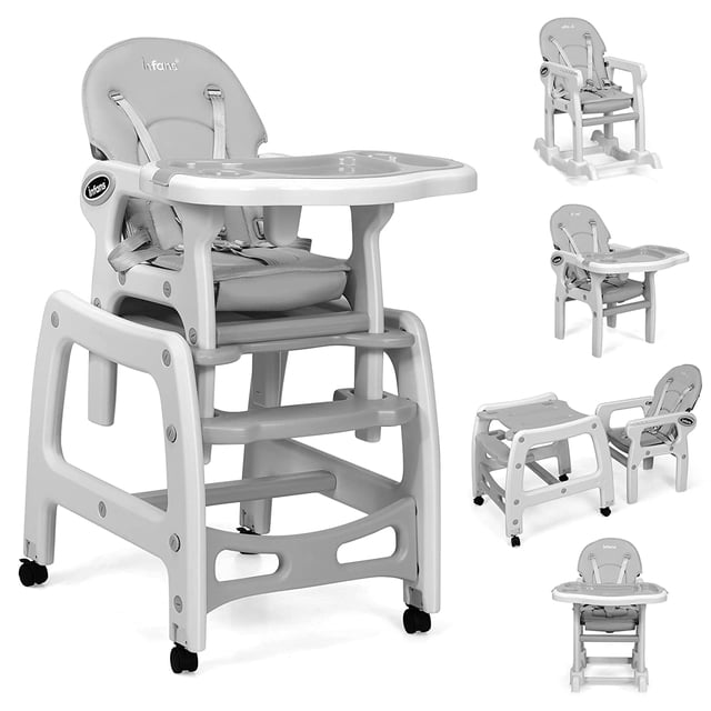 OLAKIDS 5 in 1 Baby High Chair in grey, designed for ages 6 months to 8 years, with a convertible design for use as a high chair, rocking chair, toddler chair, or table and chair set. Features lockable universal wheels, a 3-position adjustable seat back, and removable double-layer trays for feeding and play. Made from durable, eco-friendly PP and PE materials. Shown in multiple configurations to demonstrate its versatility.