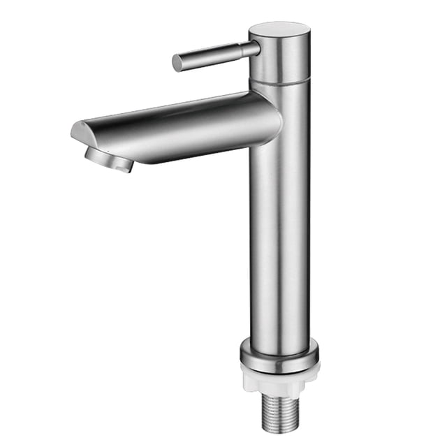 SHISUYAN Stainless Steel Faucet Single Cold Basin Faucet Bathroom Metal Faucet Kitchen Faucet (Style 2) with a silver finish, downward curved flat spout for waterfall-like water flow, and durable stainless steel construction. Ideal for kitchens and bathrooms, compatible with faucet filtration systems, and designed for easy installation and maintenance.