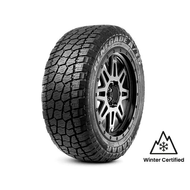 Radar Pneu Renegade A/T 5 LT265/60R20 E/10LY WL Montré à un angle 3/4 avec Bande de Roulement Tout-Terrain Robuste, Parois Latérales Renforcées, Style à Lettres Blanches Esquissées et certification Hivernale Flocon de Neige de Montagne à 3 Sommets, Conçu pour une performance Tout-Terrain et sur Route durable Toute l'Année.