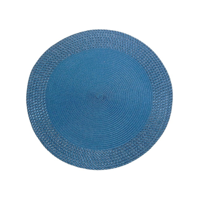 Vinyl Round Placemat With Border (Blue)(Set Of 12) with a 15-inch diameter, featuring a blue vinyl round shape with a braided border and concentric thread design, ideal for dining table protection and decorative use as center table mats.