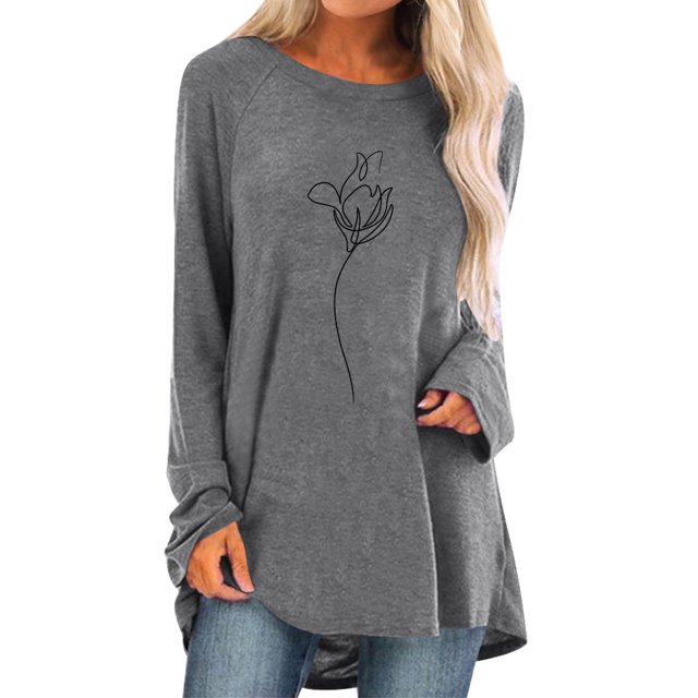 Women Flower Graphic Print Crew Neck Long Sleeves Shirt