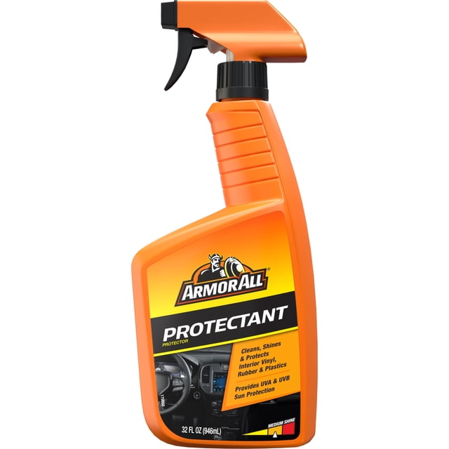 Armor All Original Protectant 28 fluid ounces spray bottle in bright orange with black trigger, formulated for automotive maintenance to clean, shine, and protect vehicle interior vinyl, rubber, and plastic surfaces while providing UVA and UVB sun protection.