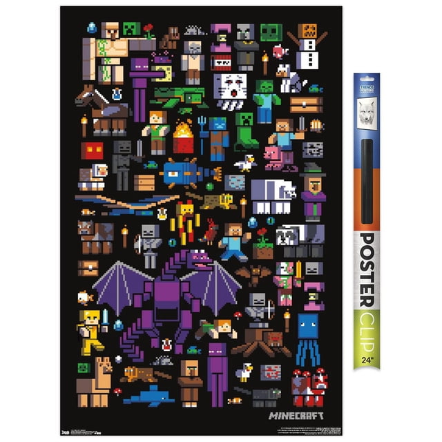 Minecraft - Mobbery Wall Poster, 22.375" x 34", featuring detailed pixel art of Minecraft mobs including Ender Dragon, Creeper, Zombie, Skeleton, Iron Golem, Villager, and animals on a black background, printed on glossy paper with a 24" poster clip for easy, damage-free hanging, suitable for bedroom or gaming room wall decor.