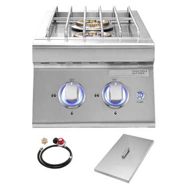 KFFKFF Double Grilling Side Burners, 2 x 17,000BTU Liquid Propane Side Burner for Outdoor Kitchen, Convertible to Natural Gas, 304 Stainless Steel Built-in Double Burners with LED