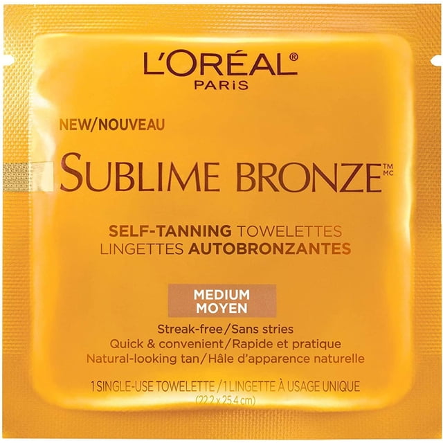 L'Oreal Paris Sublime Bronze Lingettes Autobronzantes Moyennes à Usage Unique orange Sachet avec Texte Brun, Conçues pour un Bronzage Sans Traces, à Séchage Rapide et Sans Soleil avec Vitamine E, Mesurant 22 par 25,4 cm.