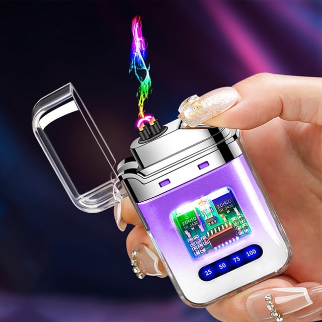 Big Savings! Creative Gradient Color Lighter, Outdoor Windproof Lighter with Double Arcs, Cool Transparent Lighter for BBQ, Camping, and Fire Starting