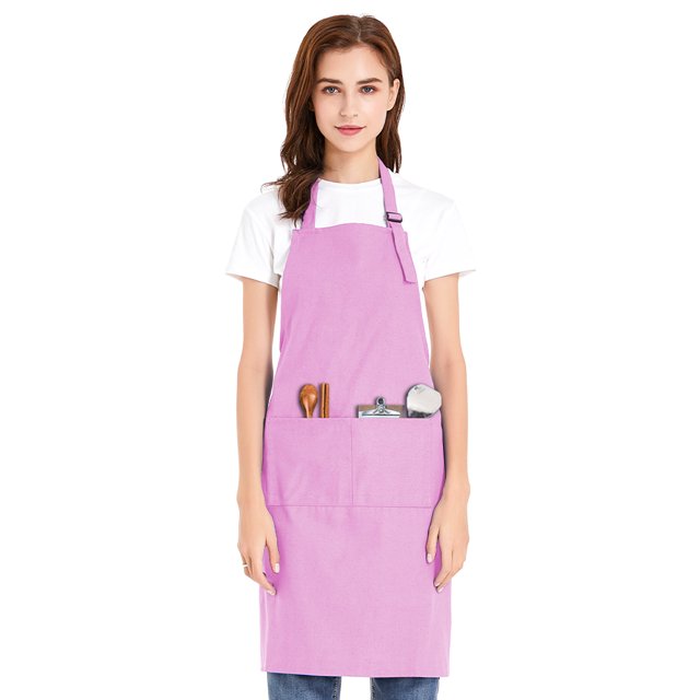(Price/each)Opromo Unisex Cotton Canvas Adjustable Chef Kitchen Aprons with 2 Pockets-light pink-L