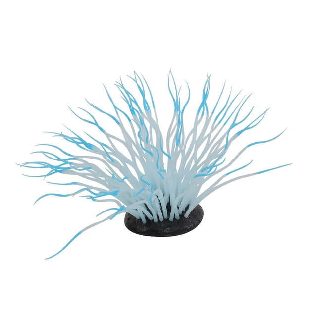 Penn-Plax, Sea Anemone, Blue aquarium decoration with flexible blue and white silicone tentacles on a black base that sway with water movement, safe for freshwater and saltwater tanks, providing fish shelter and play areas, also suitable for enhancing aquatic tank displays