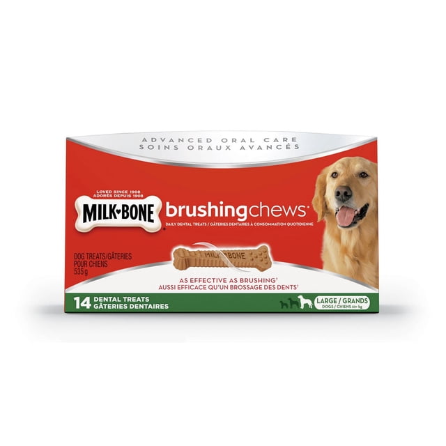 Milk-Bone Bonbons à Mâcher Brossants LG pour Chien, Boîte de Friandises Dentaires avec 14 Friandises Dentaires pour Grands Chiens de Plus de 22 kg, Présentant un Motif Rouge et Blanc, une image de golden retriever, et une Mâche Dentaire Texturée pour les Soins Buccodentaires Quotidiens et le Contrôle du Tartre.