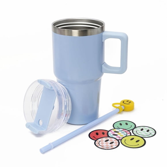 Kids Blue 20oz Stainless Steel Tumbler with Straw, Smiley Straw Topper & 6 Removable Smiley Stickers