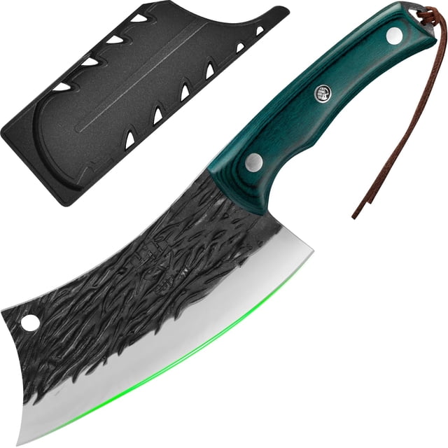 FULLHI Kitchen Knife with Guard, Multi-Color Handle Cleaver Knife for Meat Cutting, Carbon Steel Forged Butcher Full Tang Chef Knife for Outdoor Cooking, Camping BBQ