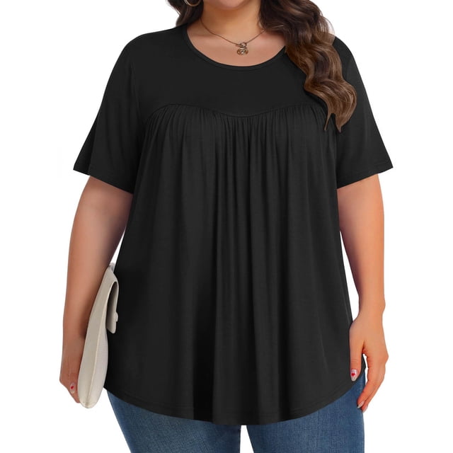Babysbule Blouse Décontractée Unie à Plis pour Femme, Manches Courtes, Col Rond, Hauts Doux, Confortables, Stylés, Grande Taille, Mode d'Été, Chemise en Polyester