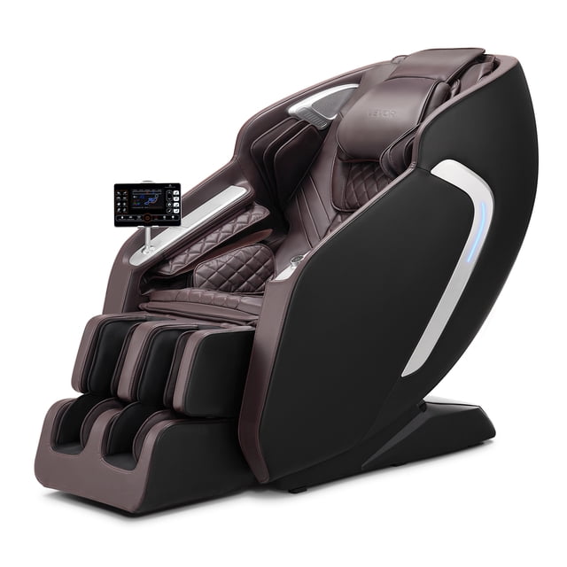VEVOR Massage Chair Full Body 4D Massage Recliner with SL-Track & Yoga Stretch, shown in a sleek design with a brown and black finish. Features include an ergonomic SL track, 4D massage rollers, and 36 airbags for a full-body massage experience. The chair includes a mounted LCD control screen, adjustable zero-gravity recline, and a retractable footrest with kneading rollers. Ideal for relaxation, muscle recovery, and improving circulation.