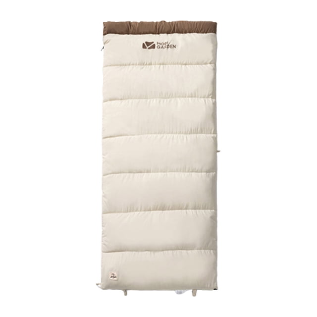 tredstone Fill Power Rectangle Duck Ultralight Wearable 4 Season Envelope Sleeping Bag for Outdoor Camping. This rectangular sleeping bag features a soft, skin-friendly 400T 20D nylon shell and lining, with draft tubes around the shoulder and zipper for added warmth. It includes a detachable half-circle hood, securing strap, and drawstrings for neck and shoulder adjustments. Suitable for 3-season camping, it measures 190x84cm, weighs 1.4kg or 1.8kg, and is designed for temperature ranges of 5-18°C or -5-15°C. The beige and brown design adds a neutral aesthetic.