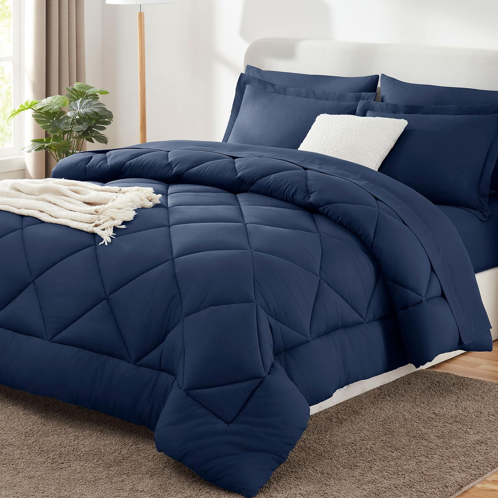 CozyLux California King Comforter Set with Sheets 7 Pieces Bed in a Bag Navy Cal King All Season Bedding Sets with Comforter Pillow Shams Flat Sheet Fitted Sheet and Pillowcases