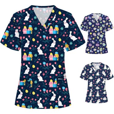 lcziwo Blouse de Fête de Pâques pour Femmes Manches Courtes Col en V Chemises de Fête Décontractées avec Poches Imprimé Œuf Lapin Mignon Blouses de Fête d'Aujourd'hui, Multicolore, TTG
